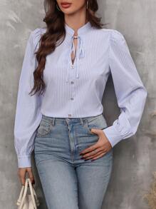 SHEIN LUNE Striped Print Tie Neck Puff Sleeve Blouse Fall Cloth For Women - Blue and White - View 6