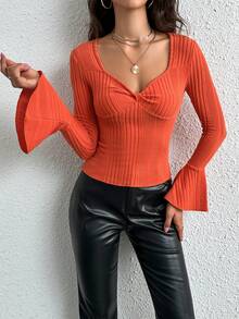 SHEIN Privé Sweetheart Neck Flounce Sleeve Tee - Orange - View 5