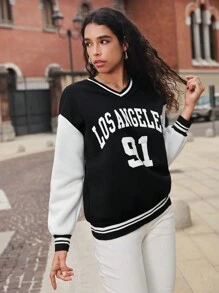 SHEIN Unity Letter Graphic Colourblock Drop Shoulder Sweatshirt - Black and White - View 4