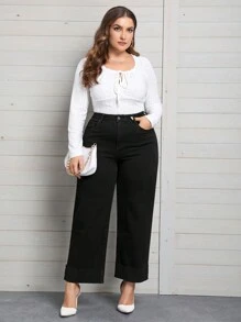 EMERY ROSE Plus Solid Wide Leg Jeans - Black - View 5