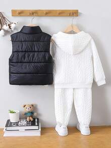 Young Boy Solid Textured Hoodie & Vest Padded Coat & Sweatpants - Black and White - View 2