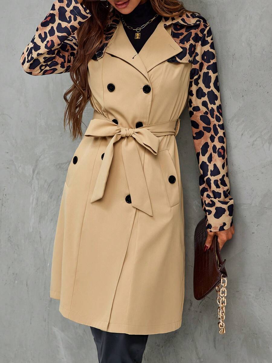 SHEIN LUNE 豹紋印花雙排釦腰帶風衣外套 - 彩色 - 查看 1