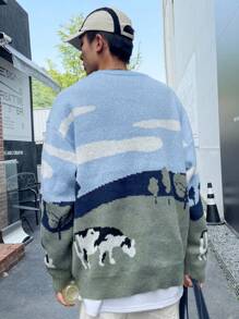 Claim Dot 男款樹雲紋毛衣，落肩寬鬆圓領長袖套頭毛衣，圖案奶牛拼接淺藍色度假學術風 - 彩色 - 查看 2