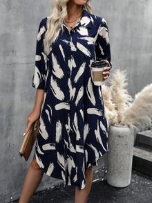 SHEIN LUNE Graphic Print Button Front Shirt Dress - Blue - View 4