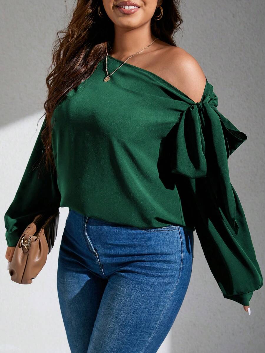 SHEIN Clasi 大碼不對稱領側打結燈籠袖襯衫 - 綠色 - 查看 1
