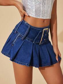 SHEIN BAE Falda en mezclilla con diseño con hebilla bajo fruncido - Azul lavado oscuro - Ver 3