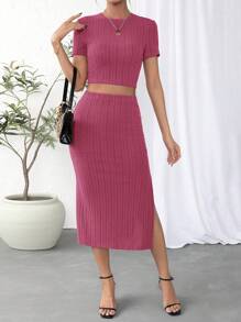 SHEIN Essnce Solid Crop Tee & Split Thigh Skirt - Hot Pink - View 3