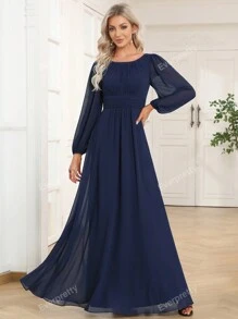 EVER-PRETTY Elegante vestido de dama de honor de gasa con cuello redondo y manga farol en azul marino para invitados de boda