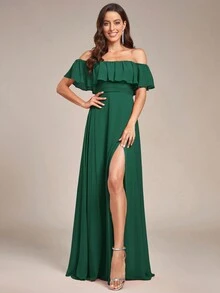 Off Shoulder Ruffles Sleeve Side Split A-Line Chiffon Dark Green Bridesmaid Dress Wedding Guest Dress For Wedding Vacation Graduation - Dark Green - View 5