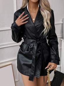 Calvaya Double Breasted Belted PU Leather Trench Coat Fall Winter Cloth For Women - Black - View 5