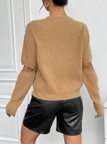 Chiquease Rhinestone Details Cut Out Cable Knit Sweater