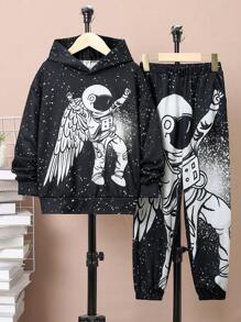 SHEIN Tween Boy Astronaut Print Hoodie & Sweatpants - Multicolor - View 1