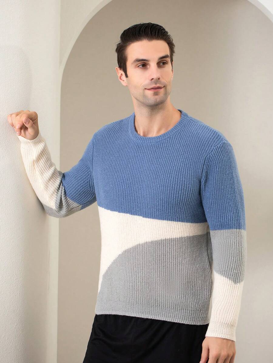 Men's Fall/Winter Stylish Contrast Color Round Neck Sweater Casual Knitted Sweater