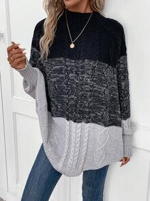 SHEIN LUNE Poncho de color combinado de manga murciélago tejido de cable - Blanco y Negro - Ver 4