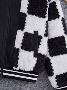 Tween Flicka Schackmönster Randig Kant Huva Fleece Jackor - Svart och Vitt - Visa 4