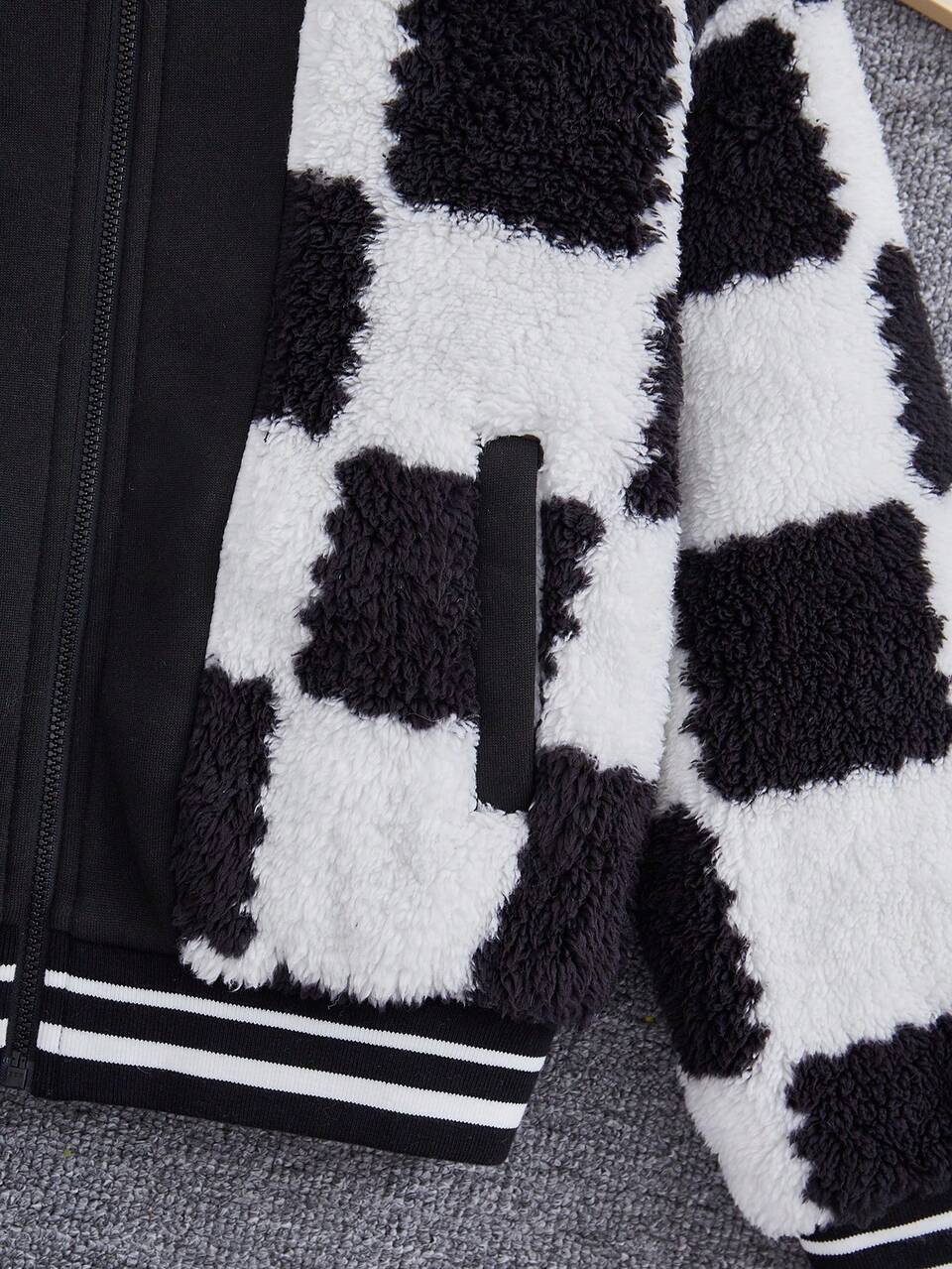 Tween Girl Checker Pattern Striped Trim Hooded Fleece Jacket
