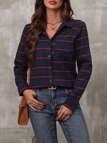 SHEIN LUNE Plaid Print Button Front Shirt - Navy Blue - View 5