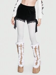 ROMWE Kawaii Shorts ribete con encaje en contraste de terciopelo - Negro - Ver 3