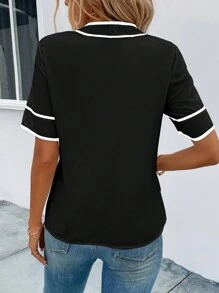SHEIN LUNE Blusa unido en contraste de cuello con cordón - Blanco y Negro - Ver 2