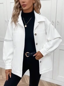 SHEIN LUNE Drop Shoulder Pocket Patched Overcoat - Red and White - View 3