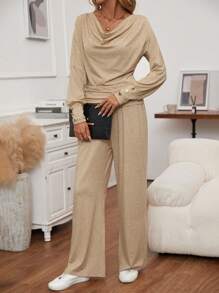 SHEIN LUNE 垂領T恤和褲子 - 卡其色 - 查看 6