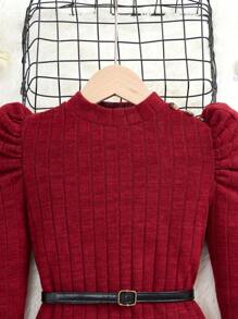 SHEIN Tween Girl Solid Color Casual Stand Collar Long Sleeve A-Line Dress - Burgundy - View 5