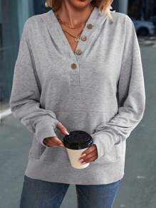 SHEIN LUNE 半排扣落肩袖連帽衫 - 灰色 - 查看 3