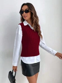 SHEIN Frenchy Solid Cable Knit Sweater Vest Without Blouse Christmas Winter New Year Red Burgundy Casual - Burgundy - View 3