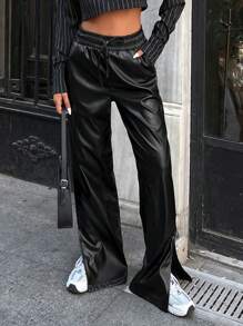 EURMUSE Drawstring High Waisted Wide Leg Flowy Palazzo Pants With Slit - Black - View 3