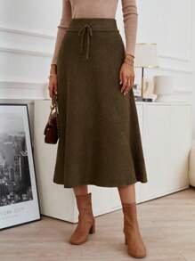 SHEIN Clasi 腰部抽繩針織短裙 - 棕色 - 查看 1