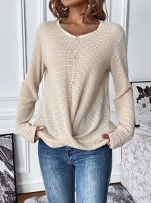 SHEIN LUNE Twist Hem Waffle Knit Tee Fall Cloth For Women - White - View 5