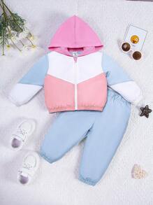 女嬰撞色拉鏈開襟連帽夾克和運動褲 - 彩色 - 查看 1