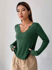 SHEIN EZwear 缺口領素色T恤 - 墨綠色 - 查看 4