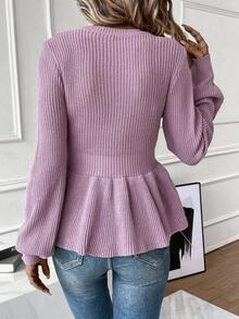 Chiquease Solid Peplum Hem Cable Knit Lantern Sleeve Sweater - Dusty Purple - View 2