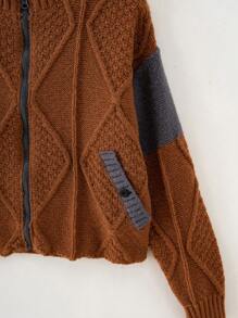 Teen Boy Contrast Panel Drop Shoulder Zipper Cardigan