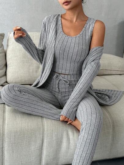 3pcs Solid Ribbed Knit Lounge Set Cozy Outfit, Fall Winter Clothes