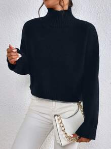 EMERY ROSE High Neck Drop Shoulder Sweater,Long Sleeve Tops Knit Pullover Fall Winter Outfit - Black - View 5