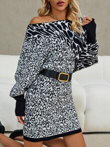 SHEIN Essnce Leopard Pattern Drop Shoulder Sweater Dress Without Belt - Black and White - View 1