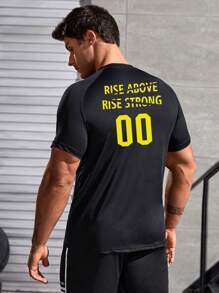 Manfinity Sport Corelite 男士口號圖形Raglan袖運動T恤，適合健身 - 黑色 - 查看 1