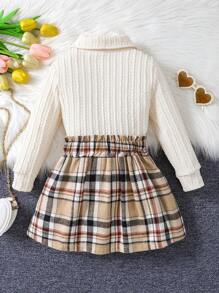 SHEIN 女小童格紋印花前蝴蝶結Polo領T恤和百褶半身裙 - 卡其色 - 查看 2