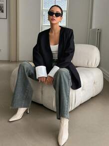 DAZY Rách Raw Hem Râu mèo Denim mùa giặt quần ống rộng Quần jean - Màu xanh bụi bặm - Xem 4