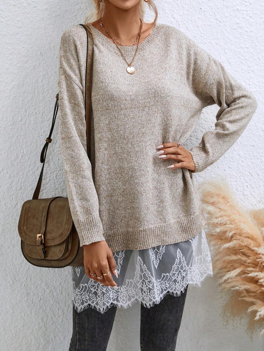 SHEIN LUNE Suéter de punto con hombros caídos y encaje en contraste para otoño e invierno - Albaricoque - Ver 1