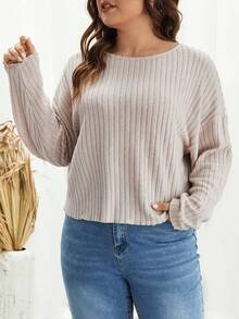 SHEIN Frenchy Talla grande Camiseta de hombros caídos tejido de canalé - Albaricoque - Ver 4