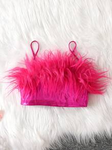 SHEIN Sparklyn Tween Girl Fuzzy Trim Cami Top & Flare Leg Pants