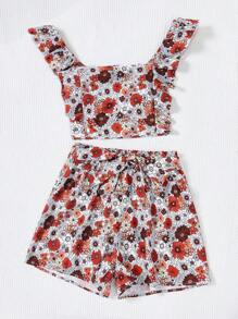 Soleia 印花荷葉邊短款上衣&附腰帶短褲 - 彩色 - 查看 4