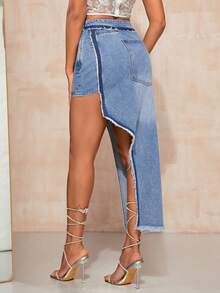 SHEIN BAE 毛邊緣不對稱下擺牛仔半身裙 - 藍色 - 查看 2