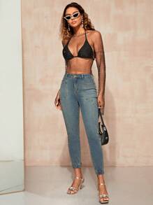 SHEIN BAE High Waist Skinny Cropped Jeans - Blue - View 3