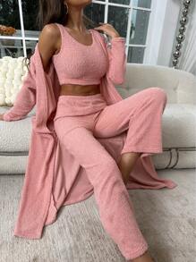 SHEIN Unity Top tank crop unicolor con pantalones & Abrigo - Rosa - Ver 6