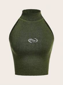 SHEIN ICON 金屬字母裝飾吊脖針織上衣 - 軍綠色 - 查看 1
