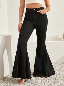 Bohemela Raw Hem Flare Leg Jeans - Black - View 8